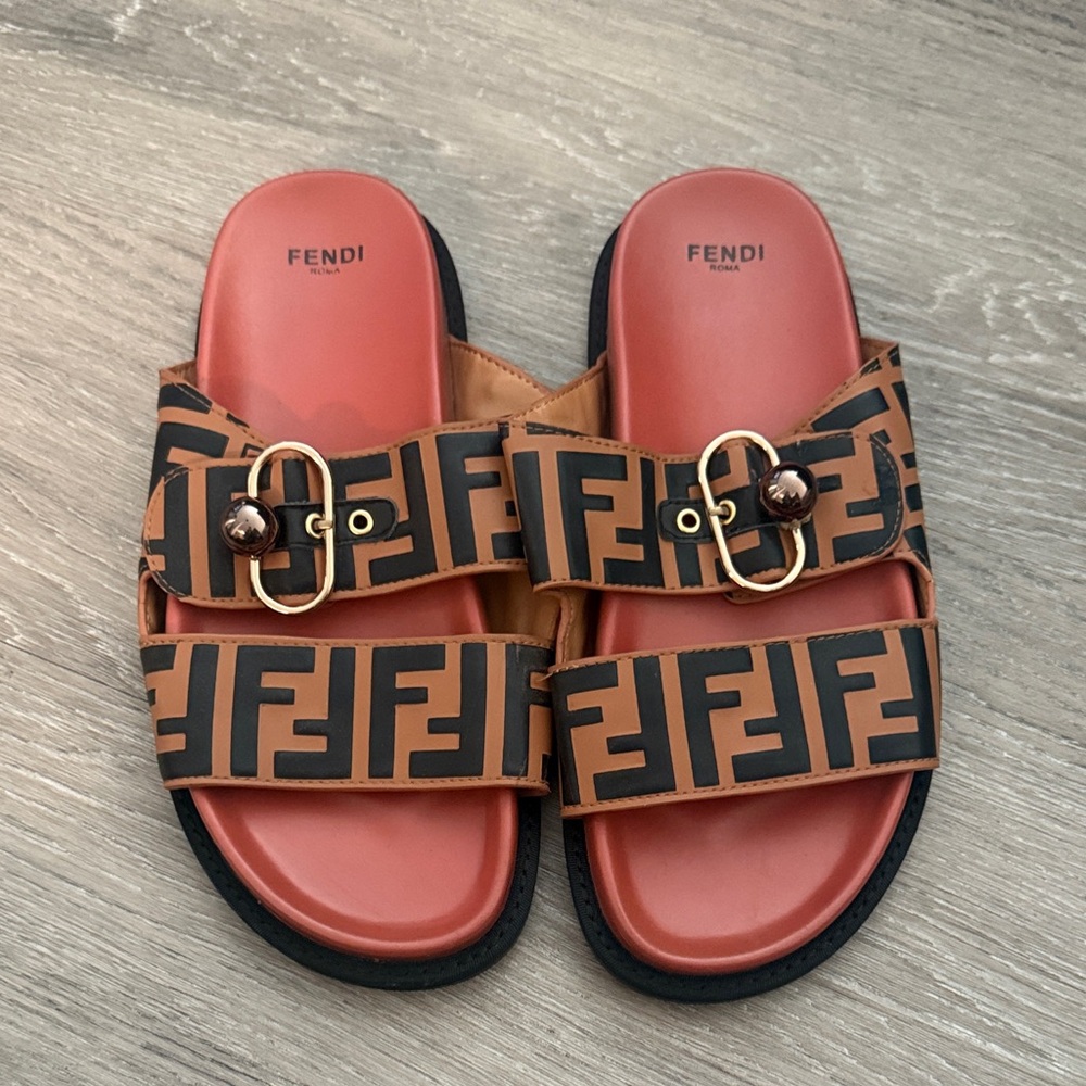 Tan and Black Logo Buckle Slides womens sandal shoe pool dress flats black brown - Picture 2 of 5